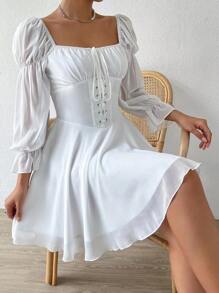 SHEIN Privé Lace Up Front Flounce Sleeve Dress - White - View 3