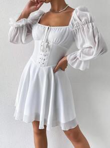 SHEIN Privé Lace Up Front Flounce Sleeve Dress - White - View 4
