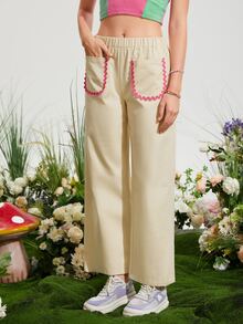 SHEIN MOD Contrast Piping Patched Pocket Straight Leg Trousers - Khaki - View 2