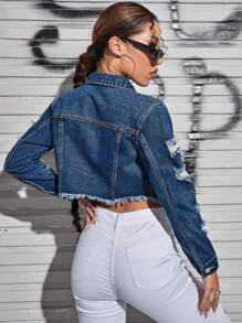 SHEIN EZwear Ripped Raw Trim Button Front Crop Denim Jacket - Dark Wash - View 2