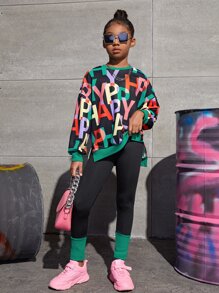 SHEIN Tween Girl Letter Graphic Drop Shoulder Pullover & Leggings Set