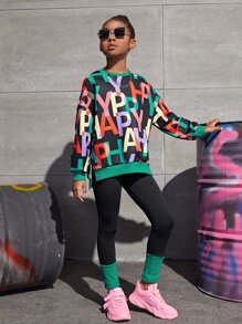 SHEIN Tween Girl Letter Graphic Drop Shoulder Pullover & Leggings Set