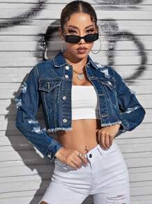 SHEIN EZwear Ripped Raw Trim Button Front Crop Denim Jacket - Dark Wash - View 4