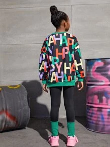 SHEIN Tween Girl Letter Graphic Drop Shoulder Pullover & Leggings Set