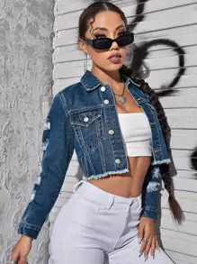 SHEIN EZwear Ripped Raw Trim Button Front Crop Denim Jacket - Dark Wash - View 6