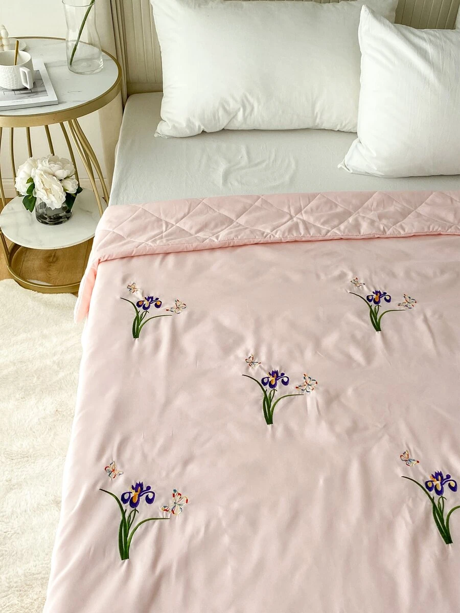 花卉刺繡衍縫床單 - 粉色 - 查看 1