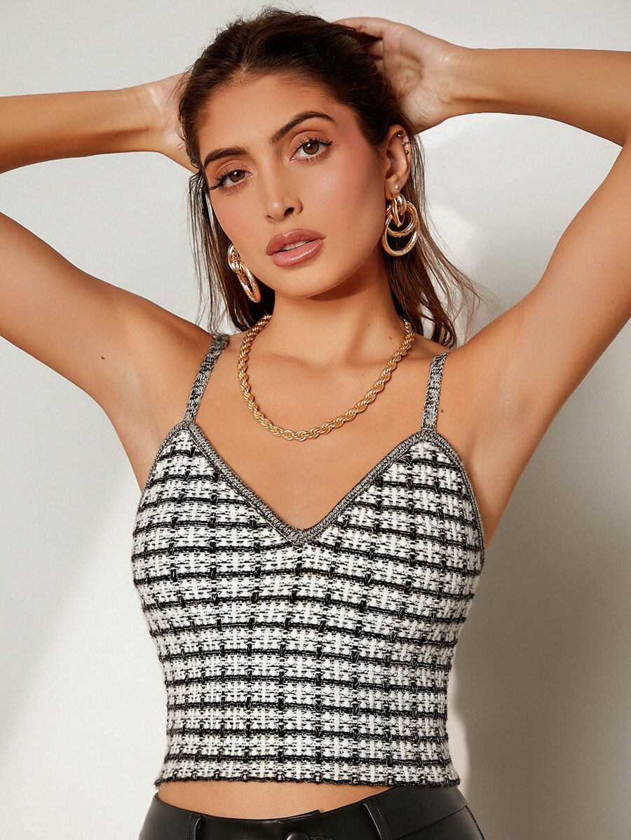 BizChic Plaid Pattern Crop Cami Knit Top - Black and White - View 1