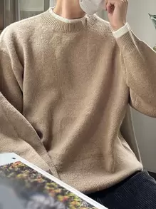 DAZY 男士拼接邊落肩袖套頭毛衣 - 卡其色 - 查看 1