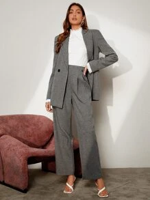 BizChic Pantalones de pierna ancha de talle alto espina de pescado - Gris - Ver 4