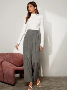 BizChic Pantalones de pierna ancha de talle alto espina de pescado - Gris - Ver 5