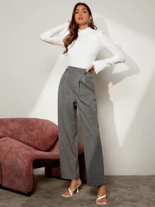 BizChic Pantalones de pierna ancha de talle alto espina de pescado - Gris - Ver 6