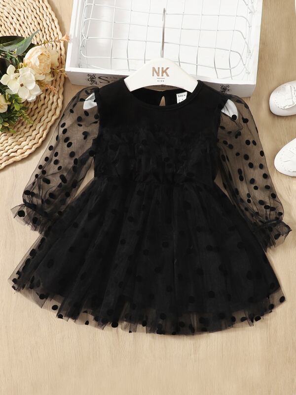 SHEIN Baby Girl Dobby Mesh Panel Flounce Sleeve Dress