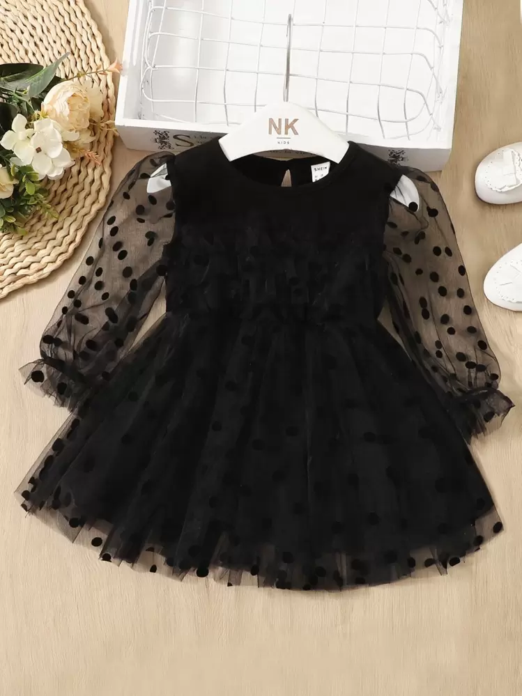 SHEIN Robe à manches évasées Dobby en maille pour bébé fille - Noir - Voir 1