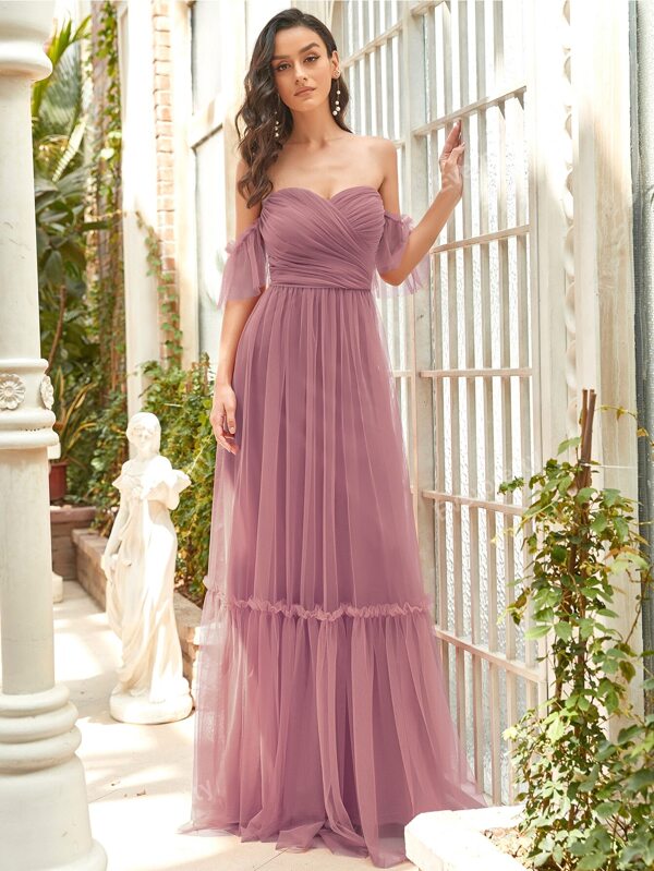 EVER-PRETTY Off Shoulder Ruched Wrap Contrast Mesh Frill Formal Dress, Elegant Bridesmaid Dress