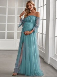 EVERPRETTY Maternity Off Shoulder Flounce Sleeve Mesh Dress, Elegant, For Party - Cadet Blue - View 2