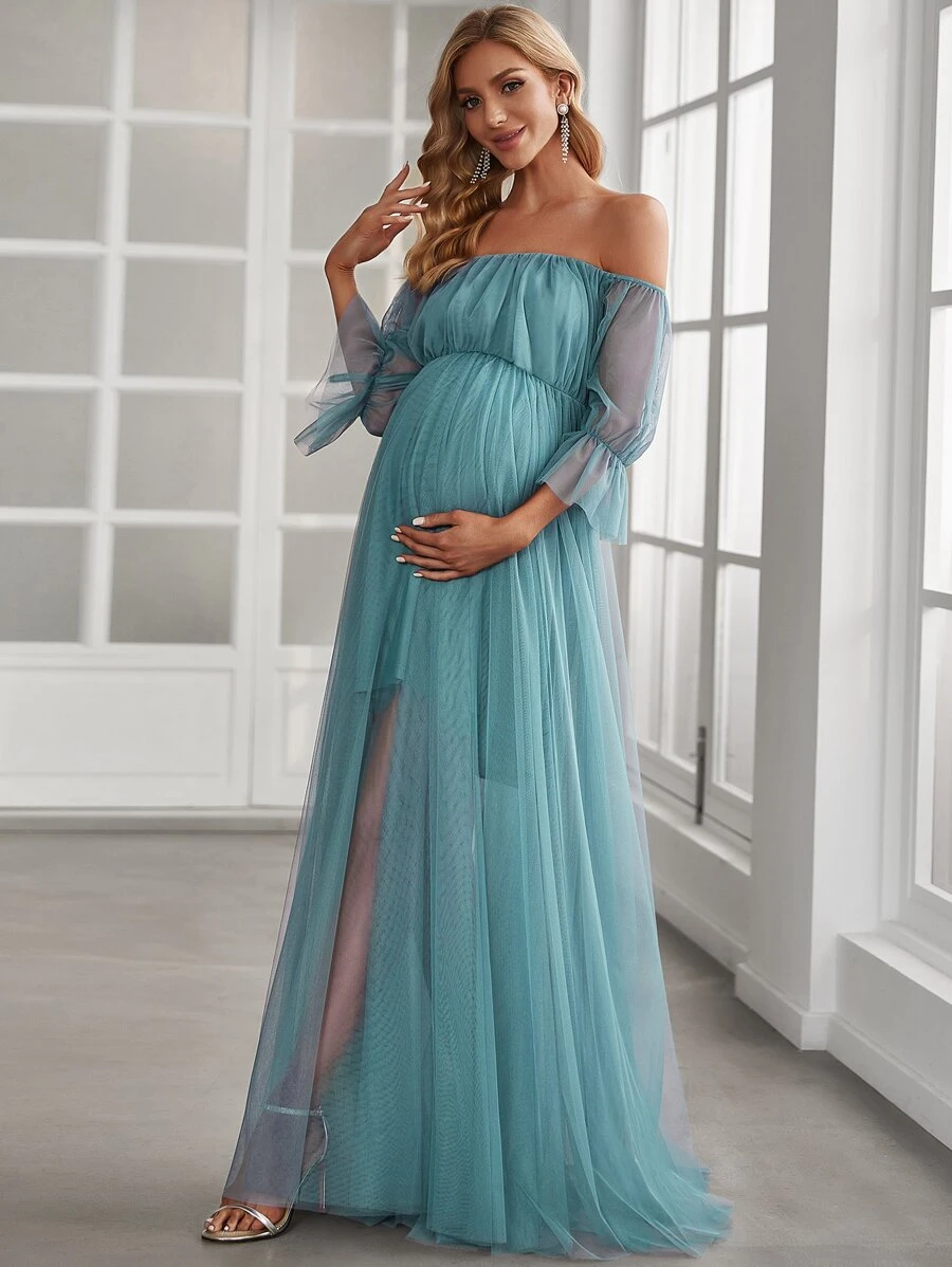 EVERPRETTY Maternity Off Shoulder Flounce Sleeve Mesh Dress, Elegant, For Party