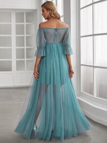 EVERPRETTY Maternity Off Shoulder Flounce Sleeve Mesh Dress, Elegant, For Party - Cadet Blue - View 3