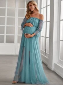 EVERPRETTY Maternity Off Shoulder Flounce Sleeve Mesh Dress, Elegant, For Party - Cadet Blue - View 4