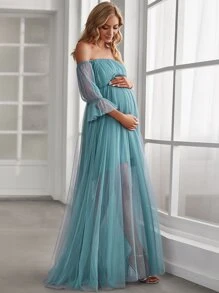 EVERPRETTY Maternity Off Shoulder Flounce Sleeve Mesh Dress, Elegant, For Party - Cadet Blue - View 5