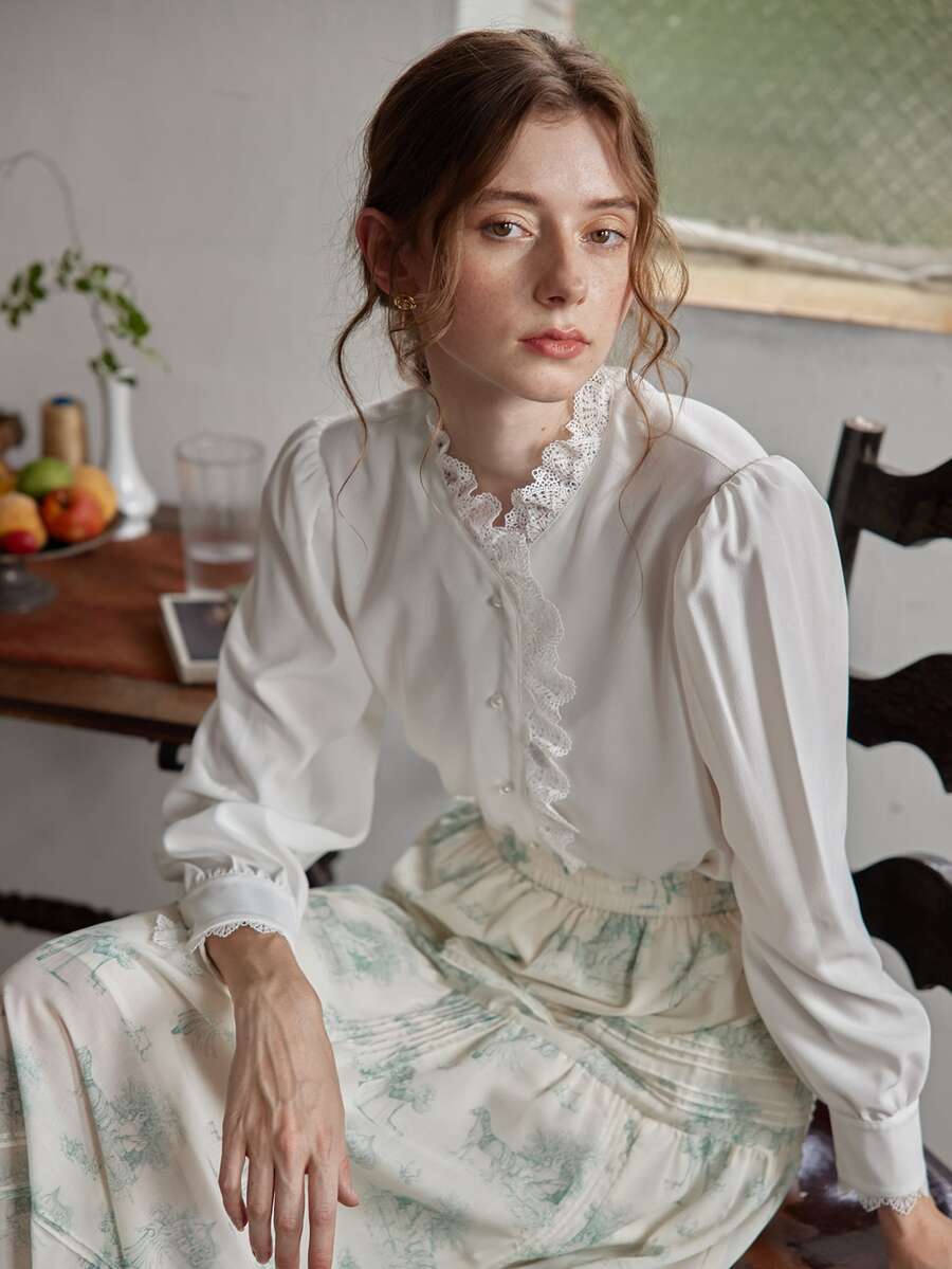 Simple Retro Áo sơ mi nữ Nút Tương phản ren màu trơn Thanh lịch