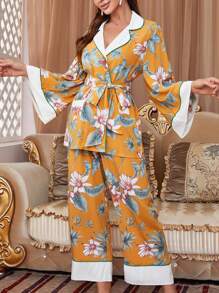 印花喇叭袖拼接滾邊腰帶睡衣套裝 - 彩色 - 查看 4