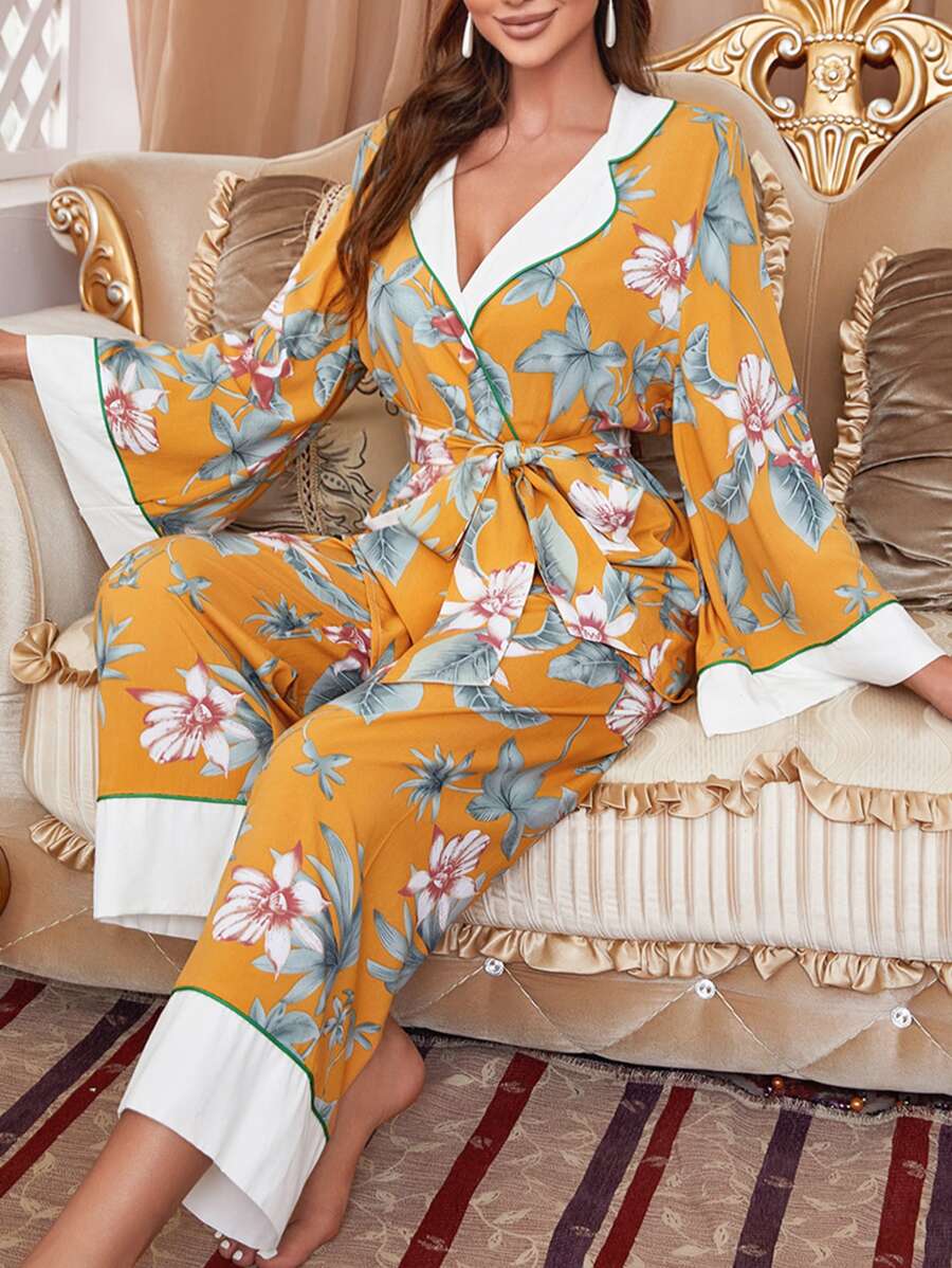 印花喇叭袖拼接滾邊腰帶睡衣套裝 - 彩色 - 查看 1