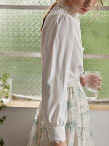 Simple Retro Áo sơ mi nữ Nút Tương phản ren màu trơn Thanh lịch - trắng - Xem 7