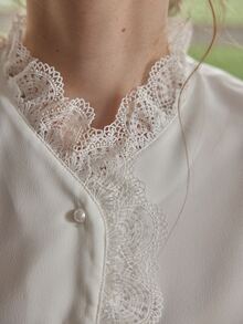 Simple Retro Áo sơ mi nữ Nút Tương phản ren màu trơn Thanh lịch - trắng - Xem 8