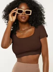 SHEIN BASICS 1 Miếng Cổ vuông Áo phông trơn - Cà phê nâu - Xem 1