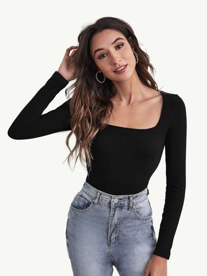 SHEINBASICSSquaredNeckRib-knitTee - Best of SHEIN