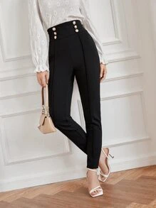 SHEIN Frenchy Button Detail Solid Pants
