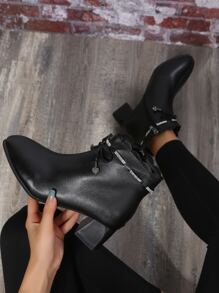 Rhinestone & Bow Decor Scallop Trim Chunky Heeled Boots - Black - View 1