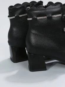Rhinestone & Bow Decor Scallop Trim Chunky Heeled Boots - Black - View 2