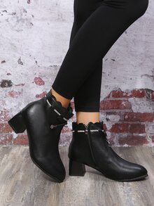 Rhinestone & Bow Decor Scallop Trim Chunky Heeled Boots - Black - View 3