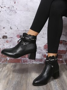 Rhinestone & Bow Decor Scallop Trim Chunky Heeled Boots - Black - View 4