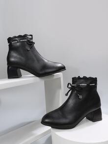 Rhinestone & Bow Decor Scallop Trim Chunky Heeled Boots - Black - View 5