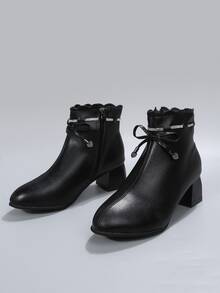 Rhinestone & Bow Decor Scallop Trim Chunky Heeled Boots - Black - View 6