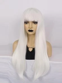1pc Long Straight Synthetic Wig With Bangs & 1pc Wig Cap - White - View 5