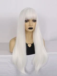 1pc Long Straight Synthetic Wig With Bangs & 1pc Wig Cap - White - View 3