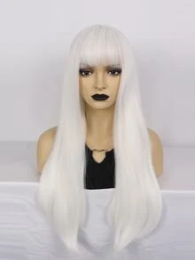 1pc Long Straight Synthetic Wig With Bangs & 1pc Wig Cap - White - View 4