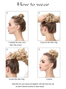 合成髮髻扩展套，凌亂捲曲的彈性髮圈假髮，淺棕色合成髮團，上蓬鬆髮型用於女性 - 黑色 - 查看 4