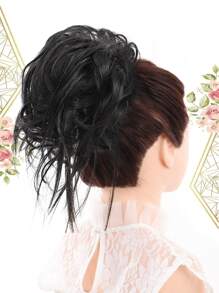 合成髮髻扩展套，凌亂捲曲的彈性髮圈假髮，淺棕色合成髮團，上蓬鬆髮型用於女性 - 黑色 - 查看 3