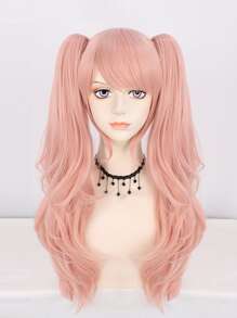 萝莉塔长卷夹式假马尾角色扮演假发,复古长发粉色波浪卷带刘海,适用于甜美可爱女孩,高密度合成无胶防热纤维头发学校万圣节感恩节圣诞节服装配件和1个假发帽 - 粉色 - 查看 4