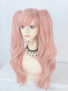 萝莉塔长卷夹式假马尾角色扮演假发,复古长发粉色波浪卷带刘海,适用于甜美可爱女孩,高密度合成无胶防热纤维头发学校万圣节感恩节圣诞节服装配件和1个假发帽 - 粉色 - 查看 6