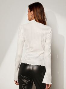 BizChic 木耳邊小高領羅紋針織上衣工作服 - 白色 - 查看 2