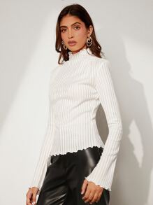 BizChic 木耳邊小高領羅紋針織上衣工作服 - 白色 - 查看 6
