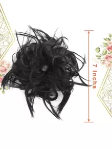 合成髮髻扩展套，凌亂捲曲的彈性髮圈假髮，淺棕色合成髮團，上蓬鬆髮型用於女性 - 黑色 - 查看 5