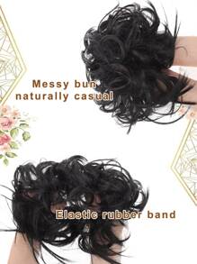 合成髮髻扩展套，凌亂捲曲的彈性髮圈假髮，淺棕色合成髮團，上蓬鬆髮型用於女性 - 黑色 - 查看 6