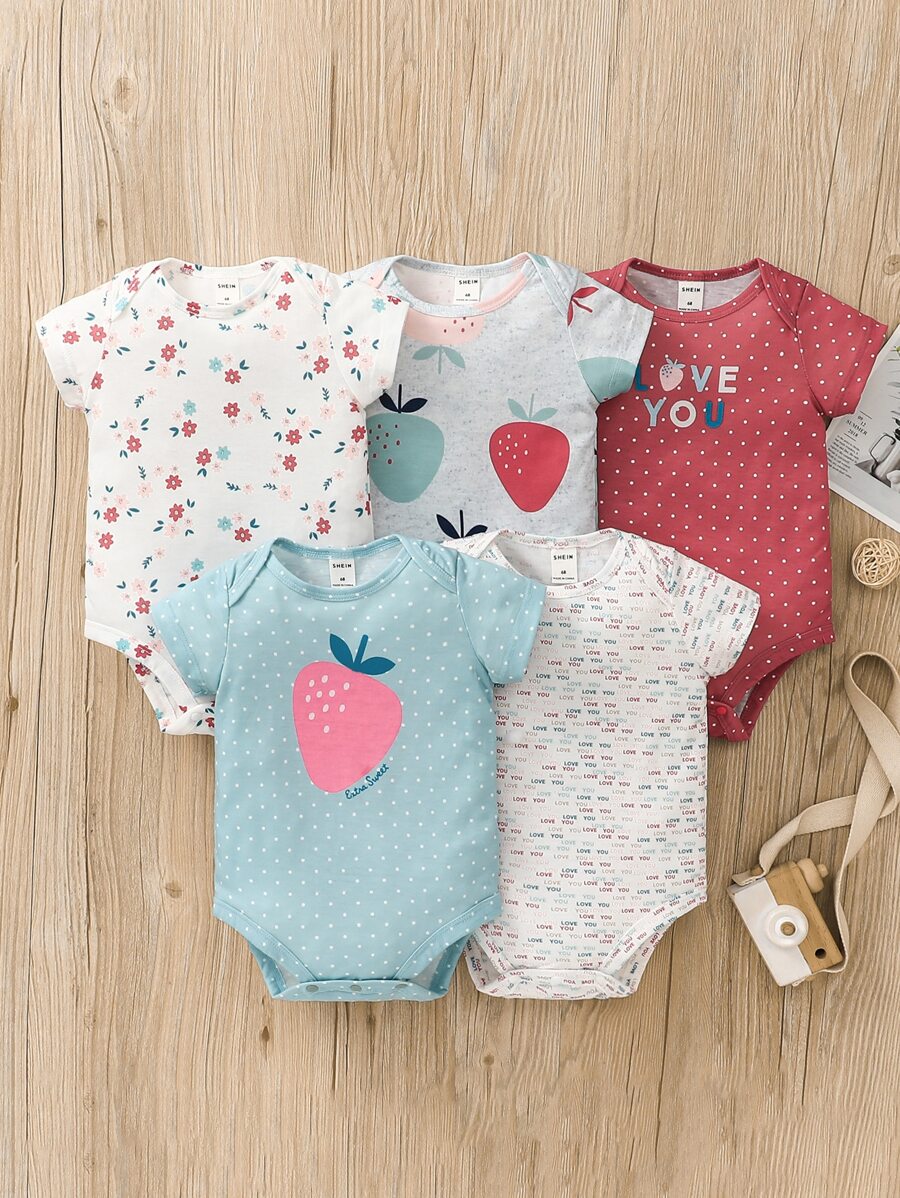女婴5件套休闲字母、花朵和草莓印花连体衣，夏季