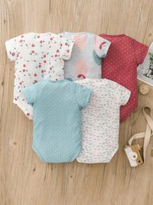 女婴5件套休闲字母、花朵和草莓印花连体衣，夏季